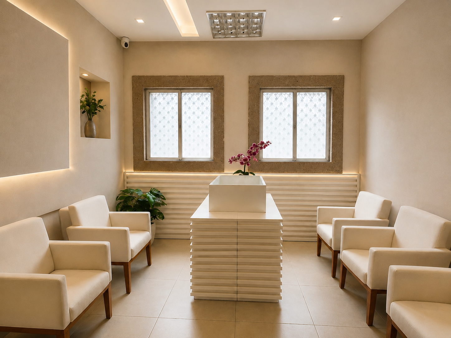 Sala de despedida do MEMO, com poltronas claras em volta de um suporte central com orquídea.