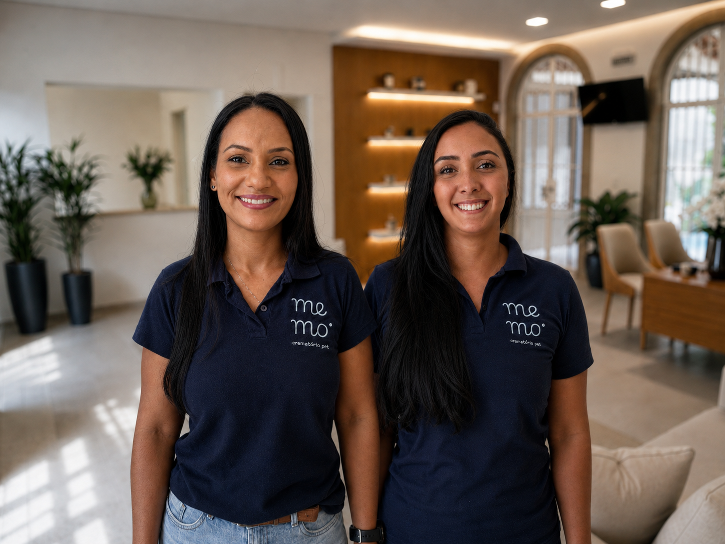 Duas profissionais do MEMO com camisas azul-marinho da marca, sorrindo na recepção da unidade.