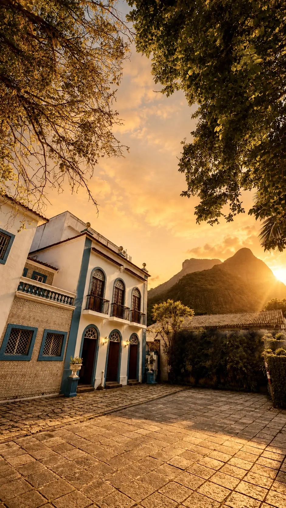 Fachada da unidade do MEMO Crematório Pet, casarão branco com detalhes azuis, ao entardecer na Barra da Tijuca.