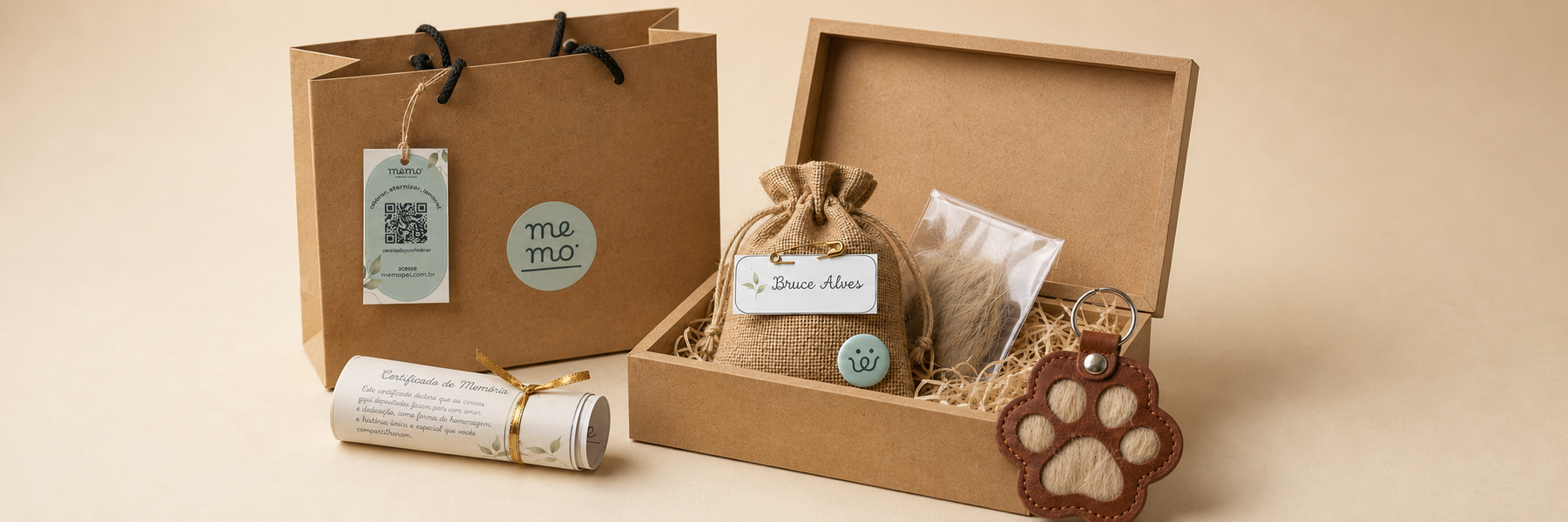 Kit memorial do MEMO: sacola e caixa de papel kraft, saquinho de juta com etiqueta de nome, chaveiro de patinha e certificado de memória.
